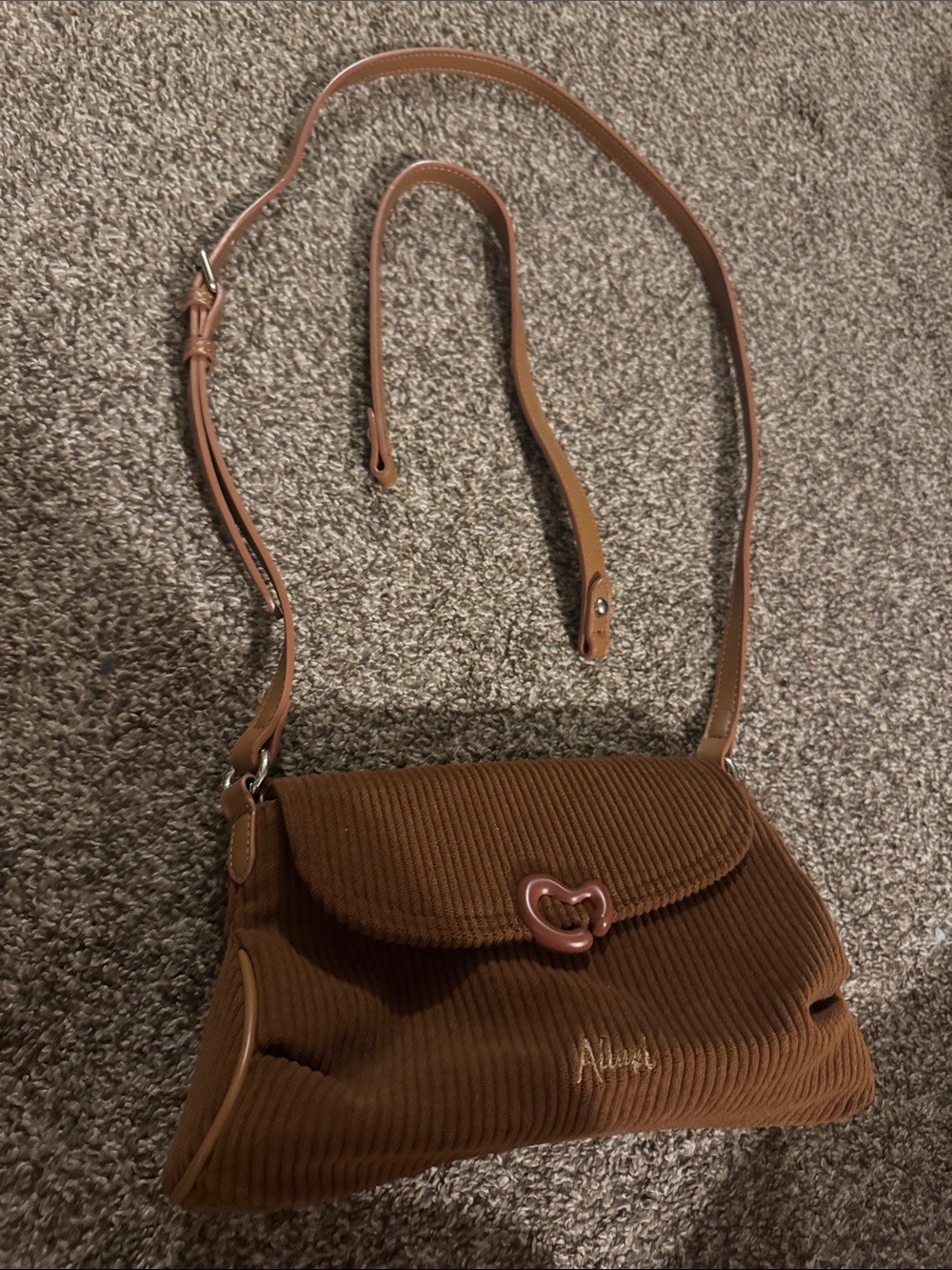 Corduroy Heart-Clasp Crossbody Bag in Brown